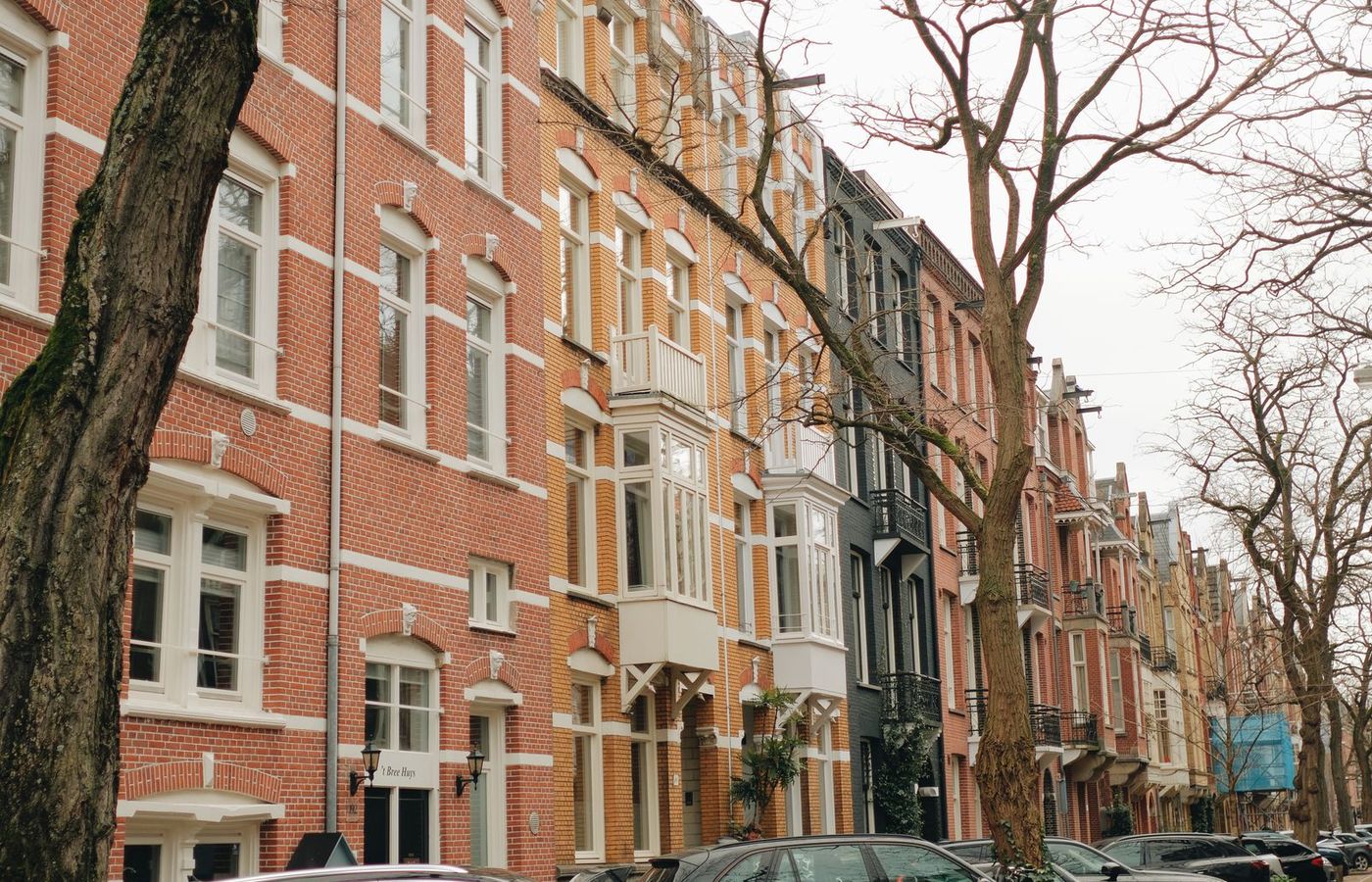 Straat met oudere bakstenen woningen en bomen